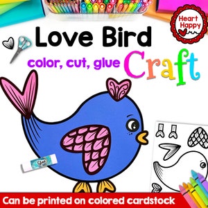 Plantilla de artesanía imprimible para niños de Valentine's Love Bird, artesanía de San Valentín, manualidades de papel, educación en el hogar, recursos para maestros, descarga instantánea de PDF