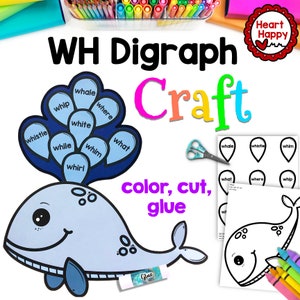 May include: A whale craft activity for kids to learn about the "wh" digraph. The craft includes a whale template, word bubbles with words like "whale", "whip", "whistle", "where", "white", "while", "whim", and "whirl", and a glue stick. Color, cut, and glue the pieces together to make a whale.