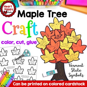 May include: A printable craft activity for children to learn about Vermont state symbols. The craft features a maple tree with leaves that represent different state symbols, such as the state animal, bird, flower, and more. The leaves are black and white outlines that can be coloured in. The craft also includes a glue stick and scissors.