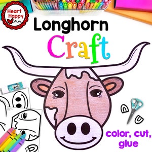Texas Longhorn Craft, Kids Printable Craft Template, Animal Craft, Texas State Symbols, Homeschool, Teachers Resources, Instant PDF Download