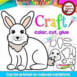 Puede incluir: Una plantilla de manualidades de conejito blanco con la palabra "Craft" en letras coloridas. La imagen incluye las palabras "color, cut, glue" y "Se puede imprimir en cartulina de color". También se ven una barra de pegamento, tijeras y crayones.