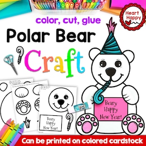 New Years Polar Bear Kids Printable Craft Template, Winter Craft, Paper Crafts, Homeschool, Teachers Resources, Instant PDF Download