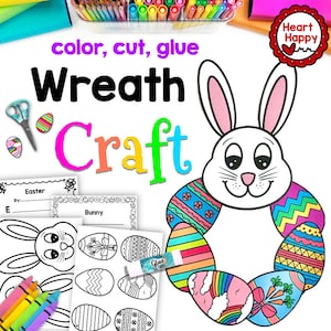 May include: A printable Easter craft for children. The craft features a bunny rabbit head with a wreath of colourful Easter eggs. The text "color, cut, glue Wreath Craft" is at the top of the image. The image also includes a printable template for the bunny rabbit head and a template for the Easter eggs.