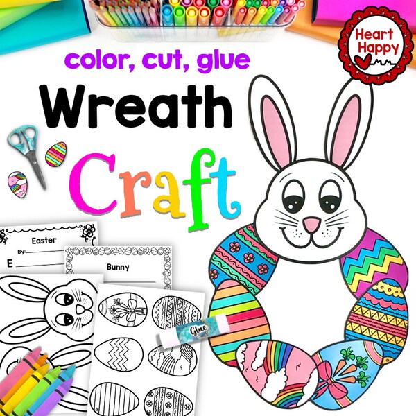 Easter Egg and Bunny Wreath Kids Printable Craft Template, Kids Easter Craft, Spring Craft,Homeschool,Teachers Resources,Instant PDFDownload