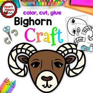 Op de afbeelding: Een printbare knutselactiviteit voor kinderen met een dikhoornschaap. De printbare bevat een kleur-, knip- en plakactiviteit met een dikhoornschaapskop en hoorns. De tekst "color, cut, glue Bighorn Craft" staat bovenaan de afbeelding.