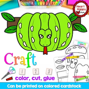 May include: A printable craft activity for kids featuring a green snake curled up inside a pumpkin. The craft includes instructions to color, cut, and glue the pieces together. The text "Craft", "color, cut, glue", and "Can be printed on colored cardstock" is included in the image.