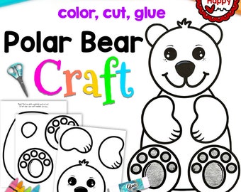 May include: A printable craft activity for kids featuring a polar bear. The craft includes a black and white outline of a polar bear, a face, and paws that can be colored, cut out, and glued together. The text "color, cut, glue Polar Bear Craft" is at the top of the image.
