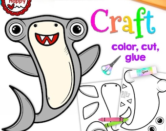 ハンマーヘッドシャークの工作、子供向け印刷可能工作テンプレート、海の動物、夏休み、科学、ホームスクール、教師向けリソース、PDFの即時ダウンロード