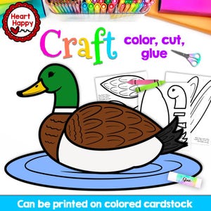 Artesanato de pato, modelo de artesanato para crianças para impressão, animais de lagoa, animais de fazenda, letra D, educação domiciliar, recursos para professores, download instantâneo de PDF
