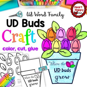 Op de afbeelding: Een kleurrijke knutselactiviteit voor kinderen om de "ud" woordfamilie te leren. De knutsel bevat een bloempot met tulpen, elk met een ander woord dat eindigt op "ud" zoals "bud", "cud", "sud", "thud", "mud", "dud" en "spud".