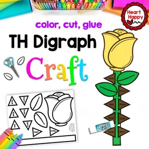 May include: A printable craft activity for kids to learn the 'th' digraph. The craft features a yellow rose with green leaves and a brown stem. The stem has several signs with words containing the 'th' digraph, such as 'thick', 'thorn', 'thin', 'thaw', 'thud', 'thief', 'think', and 'third'.