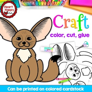 May include: A craft kit featuring a cartoon fox with large ears, the word "Craft", and instructions to color, cut, and glue. Includes printed templates, glue stick, scissors, and crayons. Text: "Can be printed on colored cardstock."