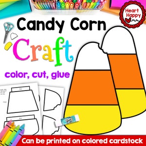 Peut inclure: Un projet d'artisanat coloré avec des formes de bonbons de maïs. L'image comprend les mots "Candy Corn Craft, color, cut, glue" et "Peut être imprimé sur du carton coloré". Sont également présentés des crayons, des ciseaux et de la colle.