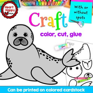 Może przedstawiać: Szary rzemiosło foki z czarnymi plamami i konturami, ze słowami "Craft, color, cut, glue". Zawiera sztyft kleju, nożyczki i markery. Tekst brzmi "Można wydrukować na kolorowym kartonie".