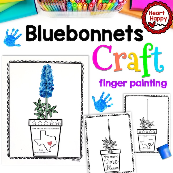 Bluebonnet Craft, Kids Printable Craft Template, Texas Craft, Finger Paint, Mothers Day, Homeschool, Teachers Resources,Instant PDF Download