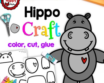 Hippo Kids Druckbare Bastelvorlage, Zootiere Basteln, Papiermodelle, Schule, Lehrer Ressourcen, sofortiger PDF-Download