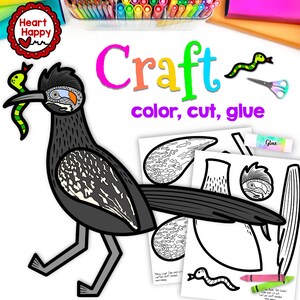 May include: A black and white printable craft of a roadrunner bird with a snake in its beak. The craft includes the words "Craft, colour, cut, glue" and "Glue" on the page.