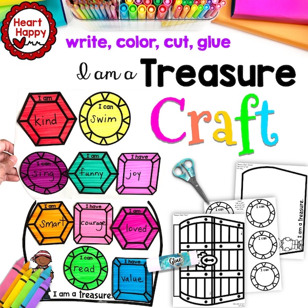 Self Affirmation I am a Treasure Kids Printable Craft Template, Pirate Craft, Homeschool, Teachers Resources, Instant PDF Download