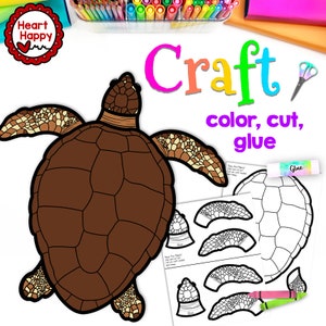 May include: A brown turtle craft project with the words "Craft, color, cut, glue". The image includes a pre-colored turtle, a coloring page, and cut-out pieces. A glue stick and crayons are also visible.
