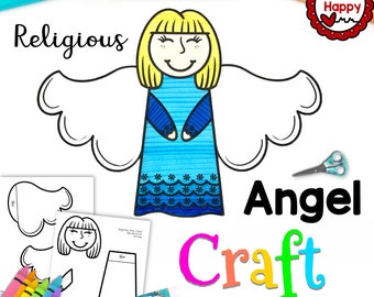 May include: A printable angel craft for children. The craft includes a template of an angel with wings, a dress, and a head. The text "Religious Angel Craft colour, cut, glue" is at the bottom of the image.