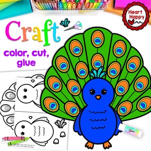 May include: A printable craft activity featuring a peacock with a blue body and green tail feathers. The text "Craft color, cut, glue" is at the top of the page.