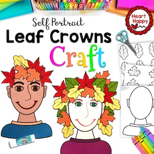 May include: A printable craft activity for kids featuring two self-portrait templates with leaf crowns. The templates are ready to be colored and cut out. The title of the craft is "Self Portrait Leaf Crowns Craft".