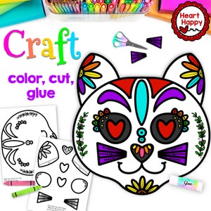 Manualidad de gato con calavera de azúcar, plantilla de artesanía imprimible para niños, Día de muertos, herencia hispana, educación en el hogar, recursos para maestros, descarga instantánea de PDF