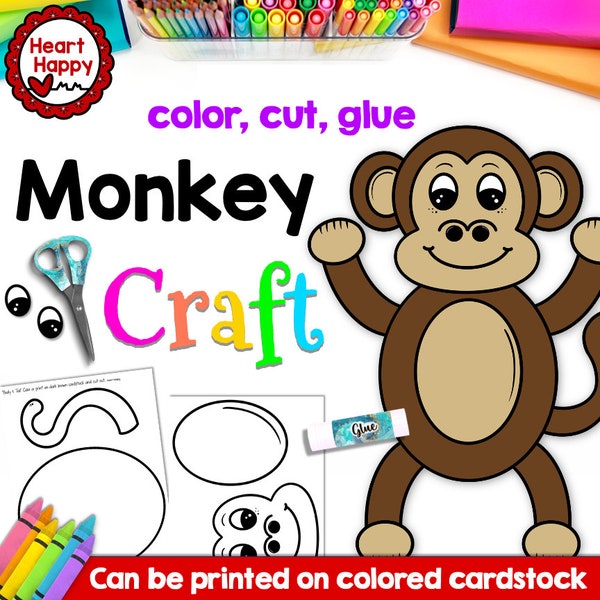 Monkey Kids Printable Craft Template, Zoo Animals Craft, Paper Crafts, Homeschool, Teachers Resources, Instant PDF Download