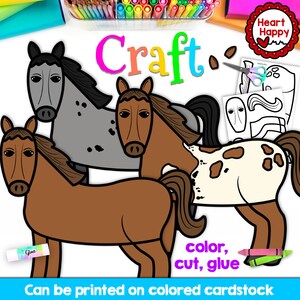 Manualidad de caballos, plantilla de artesanía imprimible para niños, animales de granja, letra H, educación en el hogar, recursos para maestros, descarga instantánea de PDF