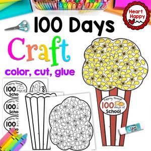 以下が含まれることがあります： 100日目の学校のクラフトプロジェクト。画像には、「100 Days」と「Craft」という言葉が大きく書かれたポップコーンをテーマにしたクラフトが写っています。ポップコーンのテンプレート、クレヨン、のりが含まれています。
