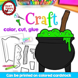 Puede incluir: Una actividad de manualidades imprimible para niños con un caldero negro con líquido verde burbujeante y un palo de madera para remover. El texto "Craft" está escrito en colores arcoíris sobre el caldero. El texto "color, cut, glue" está escrito debajo del caldero. El texto "Can be printed on colored cardstock" está escrito en la parte inferior de la imagen.