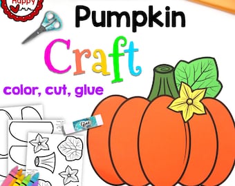 May include: A printable pumpkin craft for kids. The image shows a colorful pumpkin with a green stem and leaves, a yellow flower, and the words "Pumpkin Craft" in large letters. The text "color, cut, glue" is also included, along with the instruction "Can be printed on colored cardstock."
