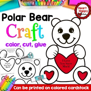 Valentine&#39;s Polar Bear Kids Printable Craft Template, Winter Craft, Homeschool, Teachers Resources,Instant PDFDownload