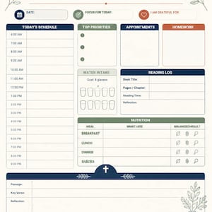 Pode incluir: Uma página de Student Planner com seções para agenda, prioridades, compromissos, dever de casa, ingestão de água, nutrição e registro de leitura. O cabeçalho inclui o texto Student Planner e Plan your time, care for your body, and grow in faith.