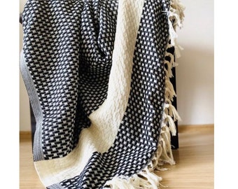 Cotton Handwoven Geometric Throw Blanket, Boho Sofa Coverlet, Black White Fringed Home Decor