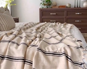 Black Striped Cotton Coverlet, Queen Size Bedspread, Handwoven Throw, Minimalist Couch Sofa Cover