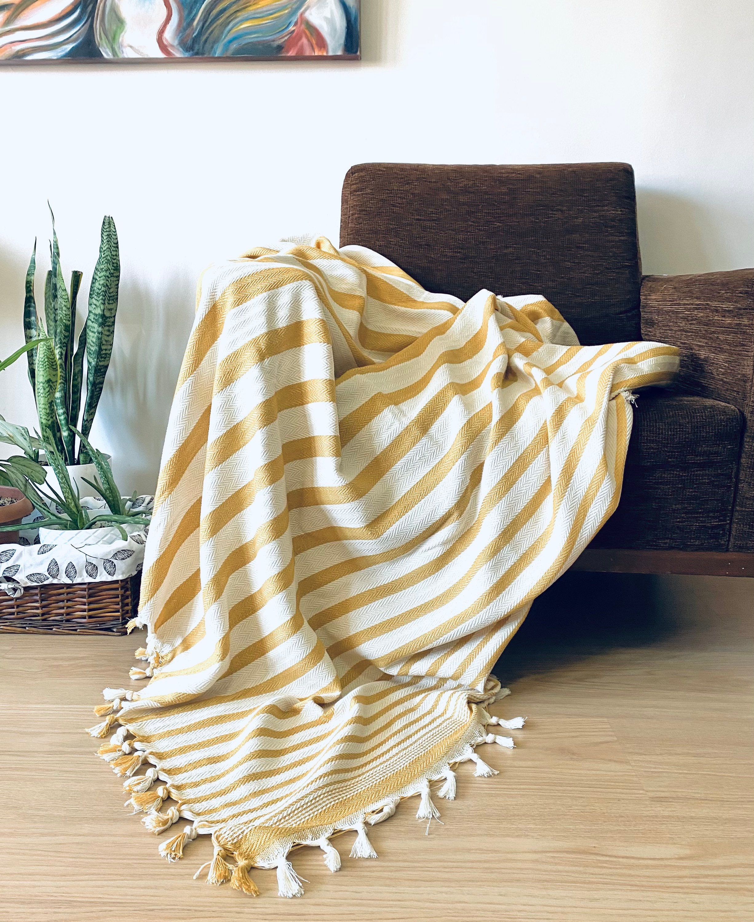 Mustard Yellow Striped Handwoven Soft Cotton Throw Etsy UK