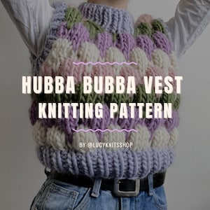 Könnte beinhalten: Ein Strickmuster für eine bunte Weste mit dem Titel "Hubba Bubba Vest Knitting Pattern" und dem Instagram-Handle des Designers "@lucyknitshop".