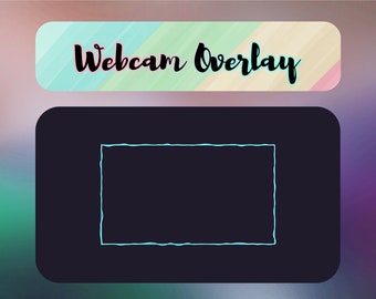 May include: A black webcam overlay with a blue and white wavy border around a rectangular space for a webcam feed. The text "Webcam Overlay" is written in black cursive on a light blue, green, and beige striped background.
