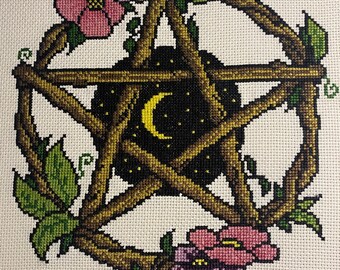 Moon Pentagram - Cross Stitch - Needlepoint - Gothic - Floral