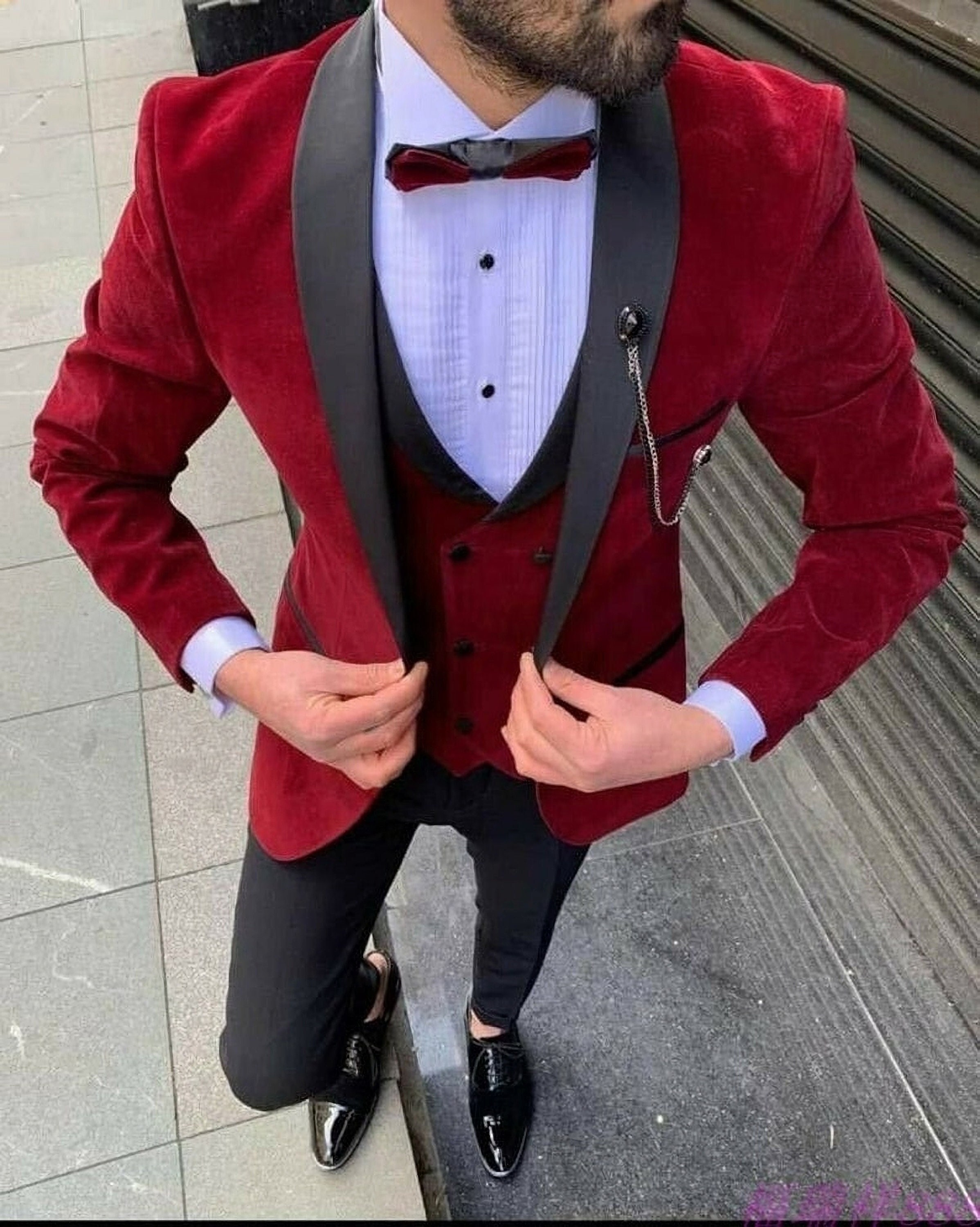Men 3 Piece Suit Red Velvet Jacket 