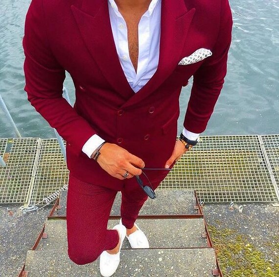 Double Breasted Suit for Men Maroon Suit Slim Fit Wedding | Etsy