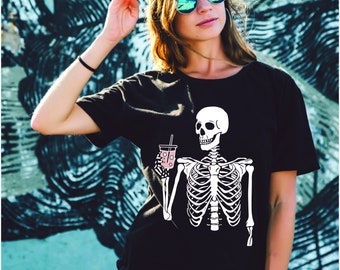 Iced Coffee Skeleton Shirt ,Skeleton Coffee Tee,Halloween Shirt,spooky mama sweatshirt,Funny Halloween Shirt,oversized tee shirt