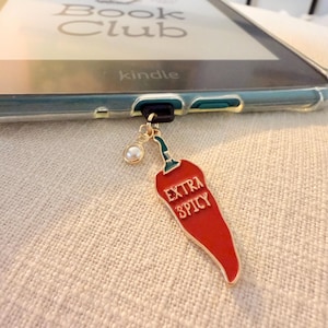 Funny Kindle Charm: Extra Spicy Pepper, Spice Reader, Gift for Bookish Girls, USB-C Dust Plug with Pearl