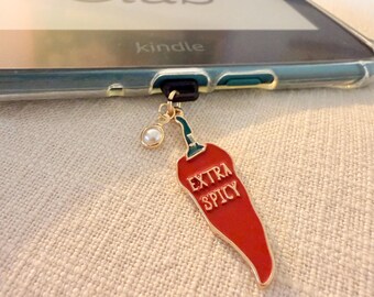 Funny Kindle Charm: Extra Spicy Pepper, Spice Reader, Gift for Bookish Girls, USB-C Dust Plug with Pearl