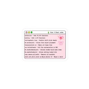 Könnte beinhalten: Ein rosa und weißer Computerbildschirm mit einer Liste von Sims 4 Cheat-Codes. Der Text auf dem Bildschirm lautet: "motherlode - Fügt 50.000 Simoleons hinzu", "kaching - Fügt 1.000 Simoleons hinzu", "testingcheats true - Aktiviert Shift-Klick-Cheats", "bb.moveobjects - Ermöglicht das freie Platzieren von Objekten", "freerealestate on - Macht alle Häuser kostenlos", "cas.fulleditnode - Volle Sim-Anpassung im CAS", "bb.showhiddenobjects - Schaltet versteckte Bau-Modus-Objekte frei", "bb.enablefreebuild - Ermöglicht das Bearbeiten von gesperrten Grundstücken", "sins.remove_all_buffs - Entfernt alle Stimmungen", "stats.set_skill_level ex.Major Guitar 10 - Erreicht Level 10 in der Gitarren-Fähigkeit".
