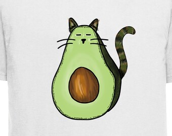 May include: White t-shirt with a green avocado-shaped cat with a brown seed and a striped tail.
