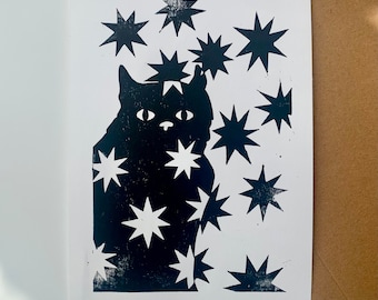 Midnight, Star Cat A5 Lino Print
