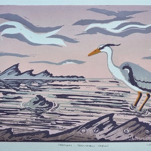 Reiher Vogel Linol Druck Kunstwerk
