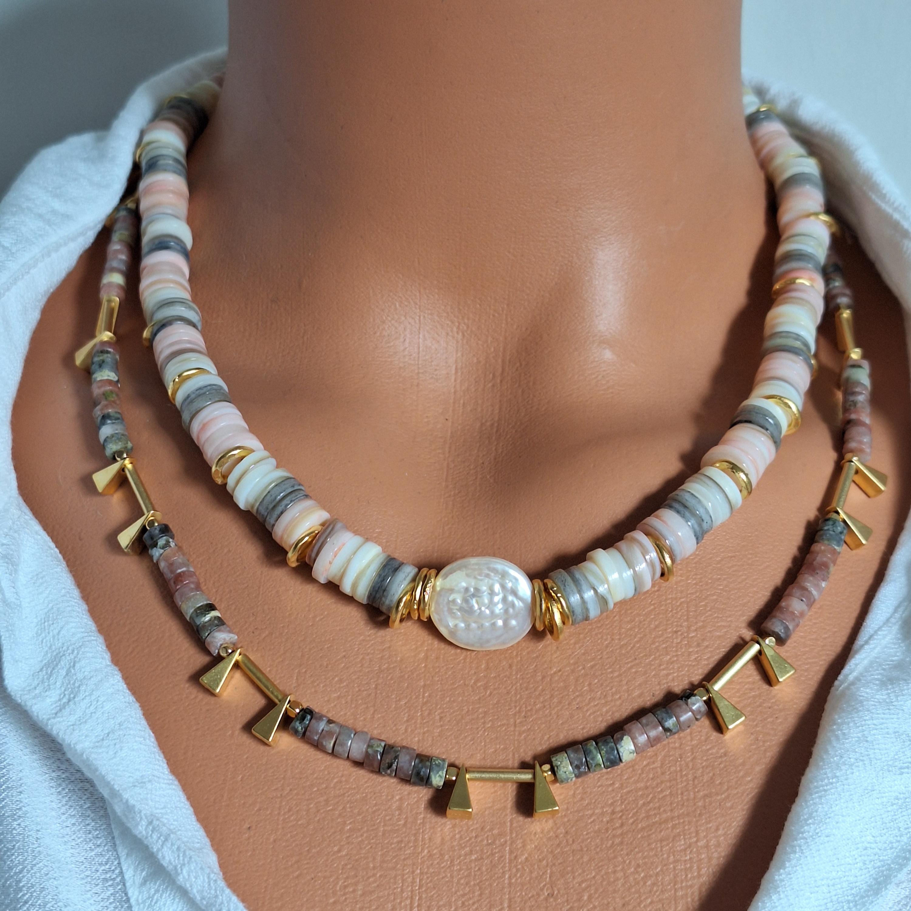 Collier Ethnique En Variscite Orange Et Argent Plaqué - Neuf Sans Boîte